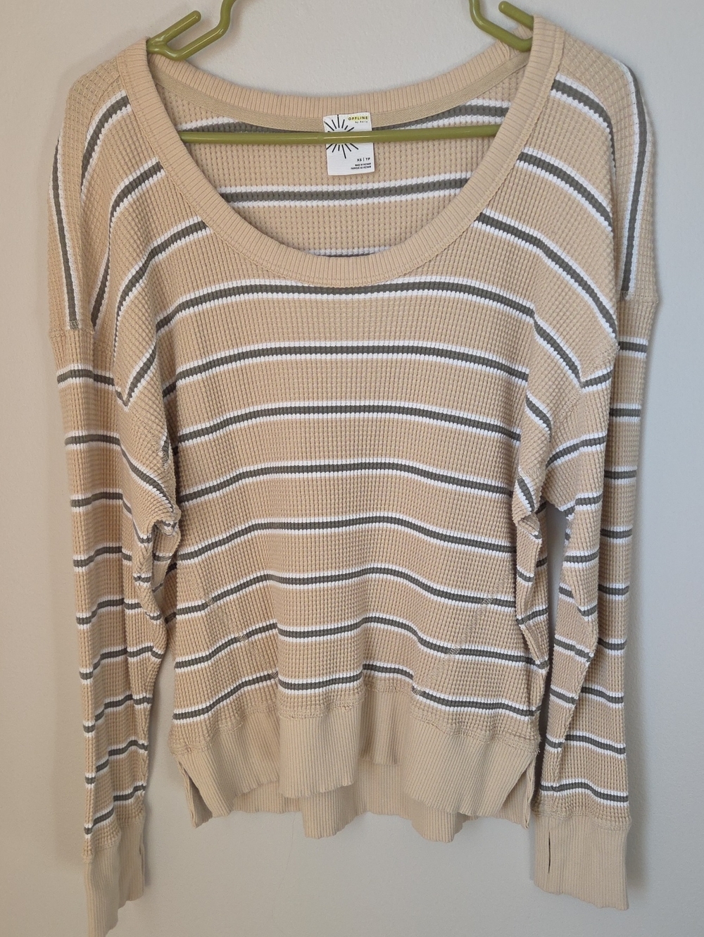 aerie Offline Beige, White & Gray Striped Scoop Neck Henley